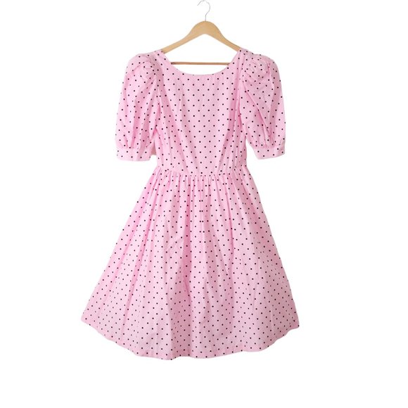 vintage 80s pink polka dot full skirt party dress S puff sleeve princess pin-up - Picture 6 of 10